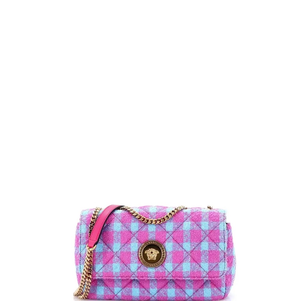 Versace tweed wool small shoulder bag checkered gold strap two way medusa lurex